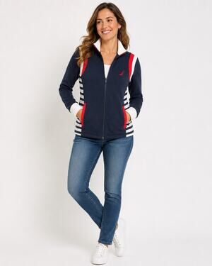 Nautica Womens Size L Navy Red White Striped Full Zip Track Jacket Cotton Preppy